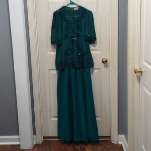 Vtg Mother of the Bride Size S Dress Beaded 2 Piece Emerald Formal Sequins Maxi